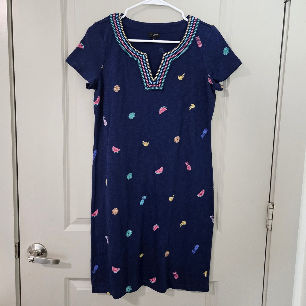 Talbots Petite Navy Fruit Print Embroidered Split Neck Cotton Slub Dress SP